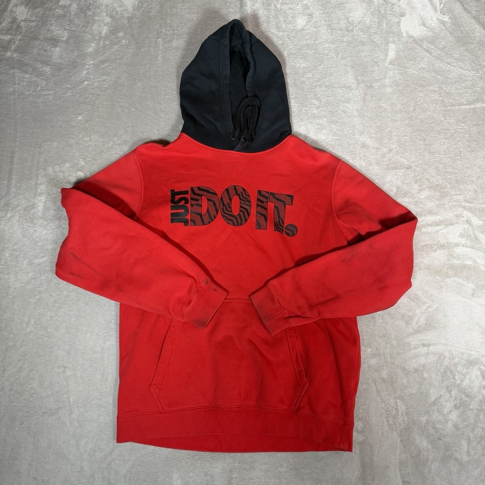 Nike Just Do It JDI Pullover Hoodie Red Black Fleece Men’s Medium M Graphic
